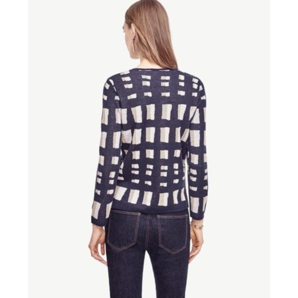 Ann Taylor Lattice Wool Knit Navy Gold Metallic Festive Holiday Sweater XS - Picture 2 of 8